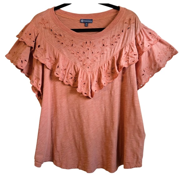 Democracy Tops - Democracy Womens 2X Boho Fairy Terracotta Eyelet Ruffle Flutter Sleeve Knit Top